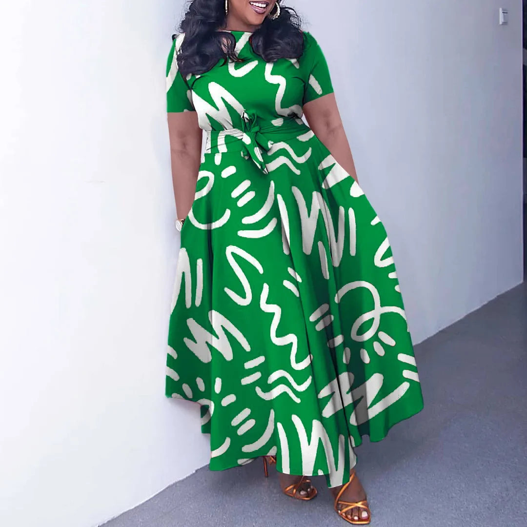 Printed Belted Dress Elegant  Knee-Length Round Neck Short Sleeve Dress