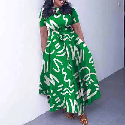 Printed Belted Dress Elegant  Knee-Length Round Neck Short Sleeve Dress