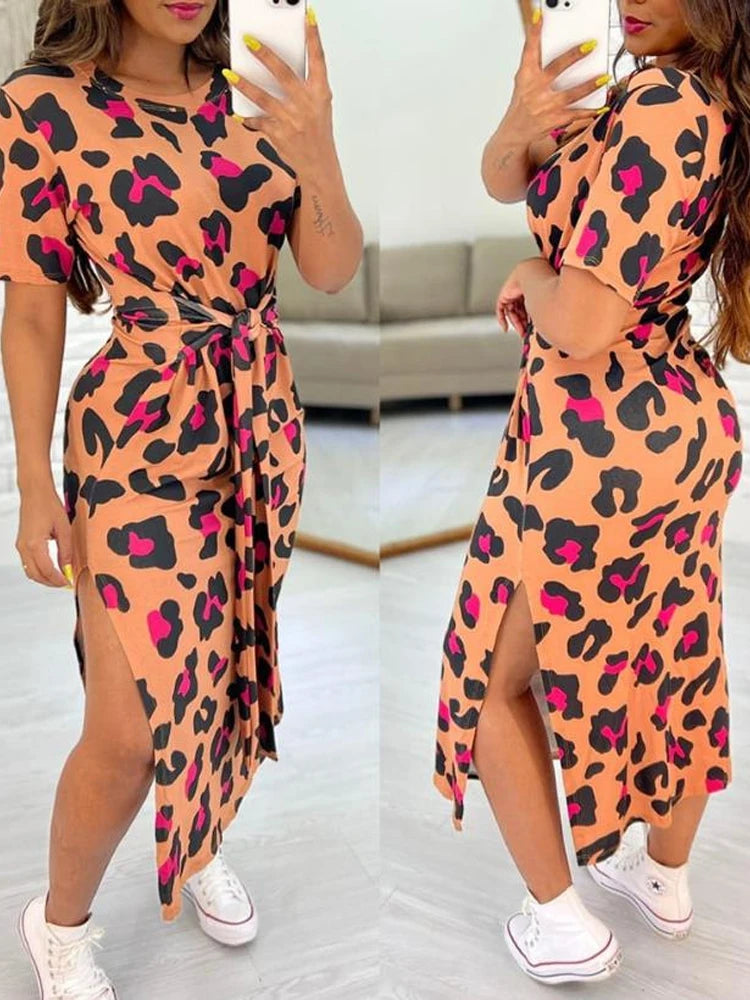 White Leopard Print Dress Tied Detail Slit Side Split Dress