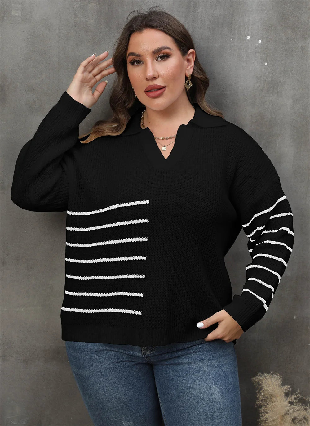 Plus Size Drop Shoulder Striped Knitted Pullover Sweater