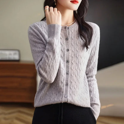 Long Sleeve Knitted O-neck Basic Thick Warm Cardigan
