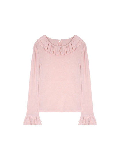 Solid Color Long Sleeve Sweet Double Layer Ruffles Crew Neck Knitted Sweater
