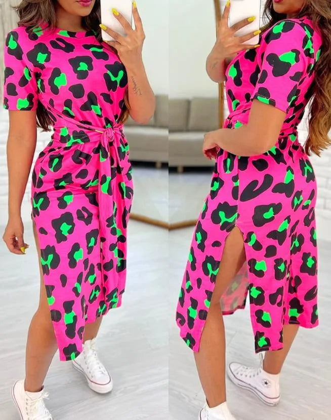 White Leopard Print Dress Tied Detail Slit Side Split Dress