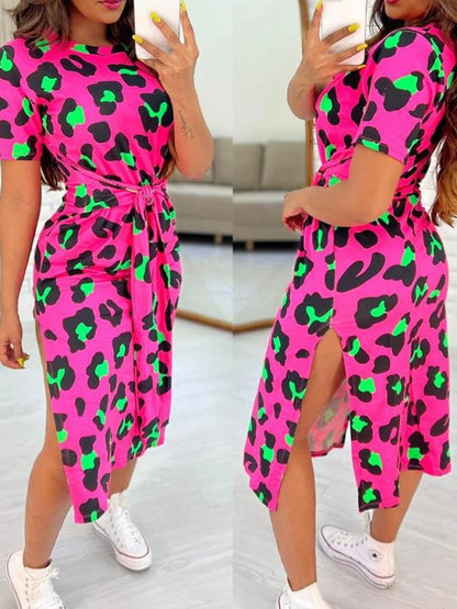 White Leopard Print Dress Tied Detail Slit Side Split Dress