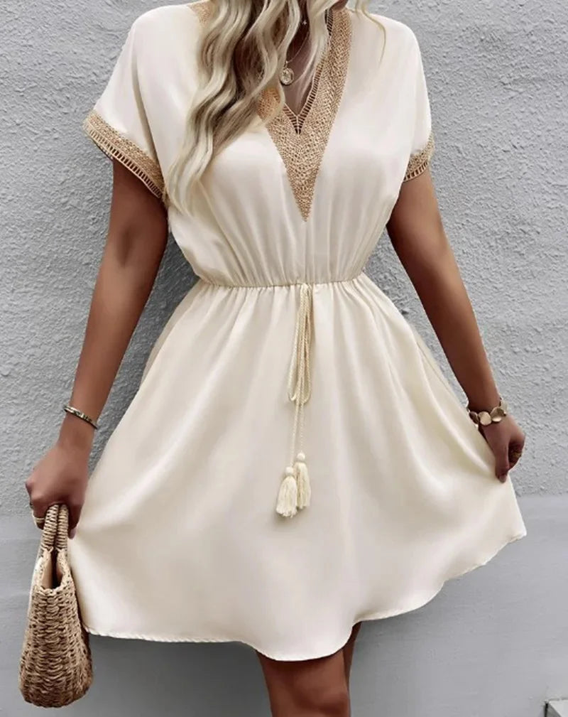 Short Sleeve V-neck Ruffle Waist Cross-border  Elastic Waist Dress