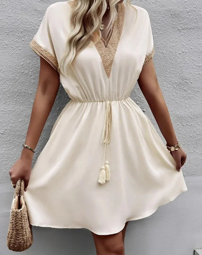 Short Sleeve V-neck Ruffle Waist Cross-border  Elastic Waist Dress