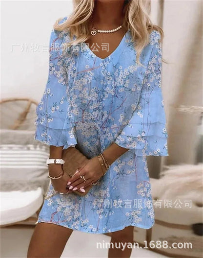 Mini Elegant Flared Loose Waist  With Butterfly Sleeve Dress