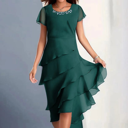 Plus Size Short Sleeve Round Neck Chiffon Paneled Dresses