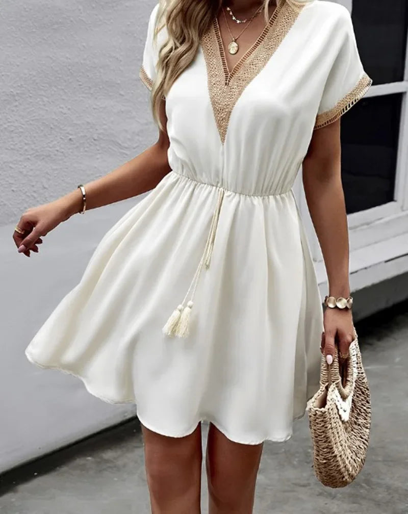 Short Sleeve V-neck Ruffle Waist Cross-border  Elastic Waist Dress