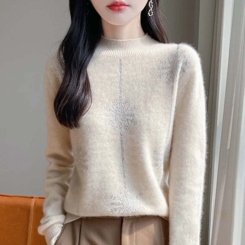 Snowflake Mock Neck Long Sleeve Knitted Looser Pullovers