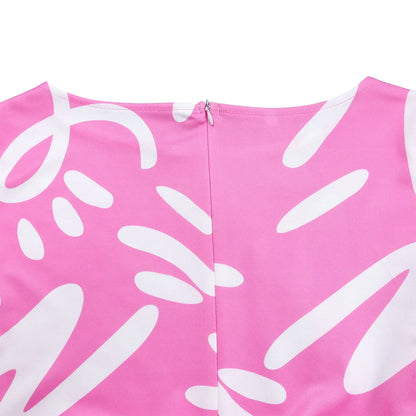 Printed Belted Dress Elegant  Knee-Length Round Neck Short Sleeve Dress