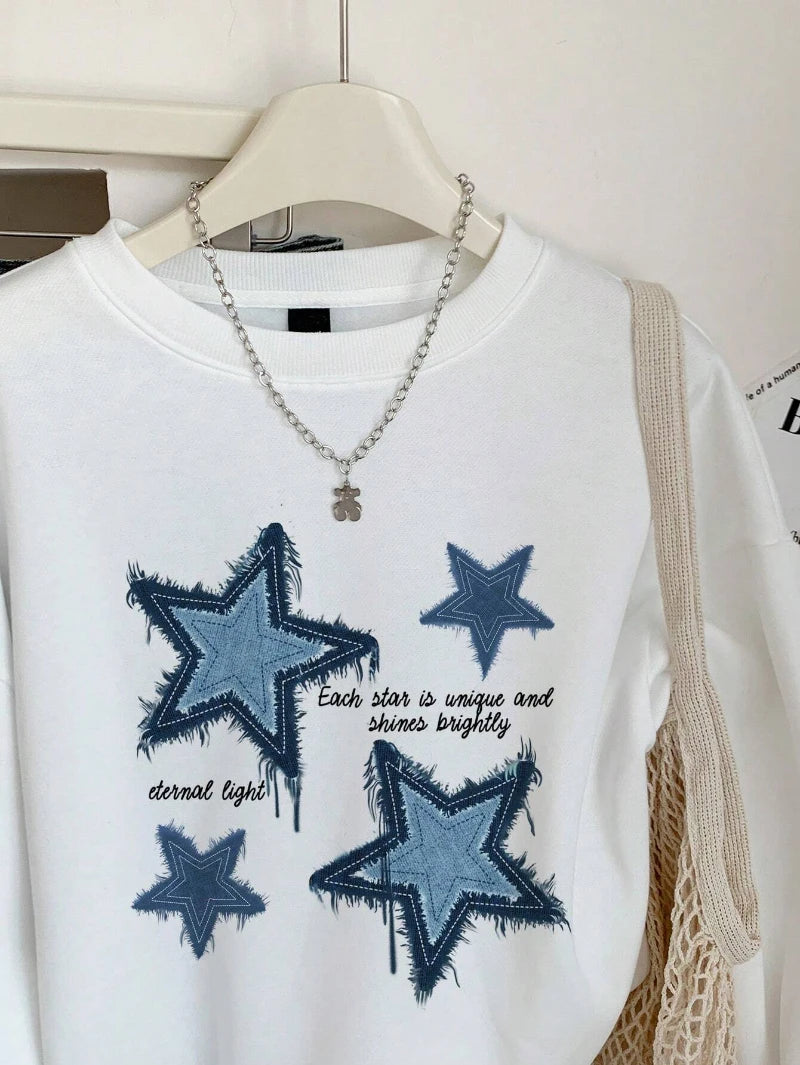 Denim Prints Star Graphic Loose Crewneck Pullover Hoodie