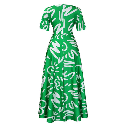 Printed Belted Dress Elegant  Knee-Length Round Neck Short Sleeve Dress