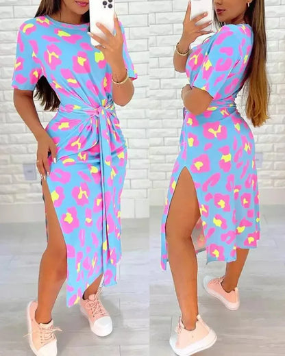 White Leopard Print Dress Tied Detail Slit Side Split Dress