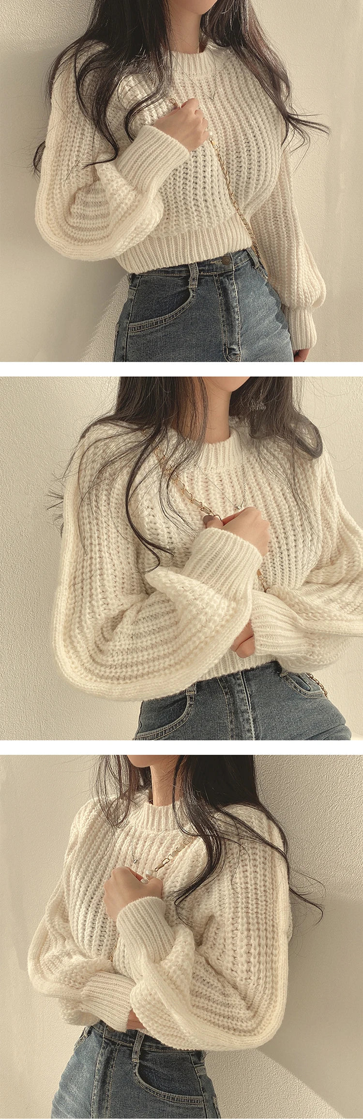 Knitwear Soft Warm Loose Vintage Lantern Long Sleeve Women Sweater