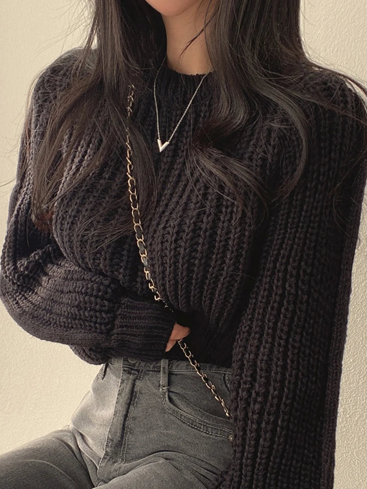Knitwear Soft Warm Loose Vintage Lantern Long Sleeve Women Sweater