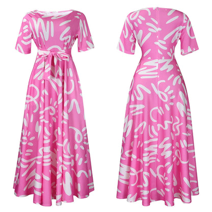 Printed Belted Dress Elegant  Knee-Length Round Neck Short Sleeve Dress