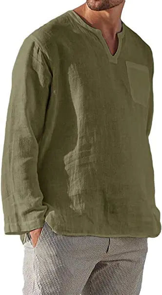 Men's Plus Size Long Sleeve V Neck Beach Linen Shirt
