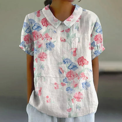 Printed  Puff Sleeve Peter Pan Collar Shirts Blouses