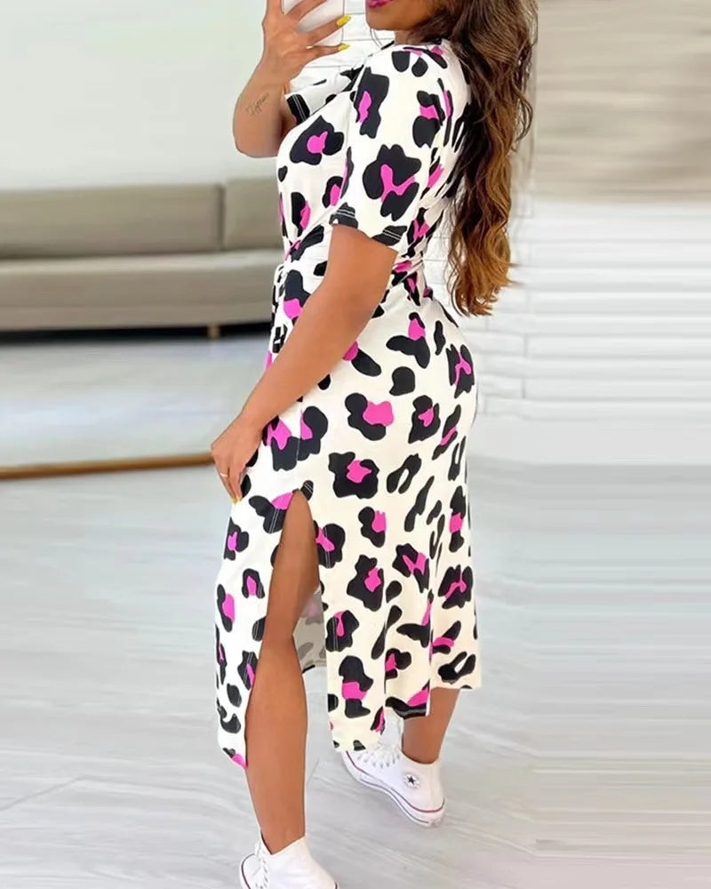 White Leopard Print Dress Tied Detail Slit Side Split Dress