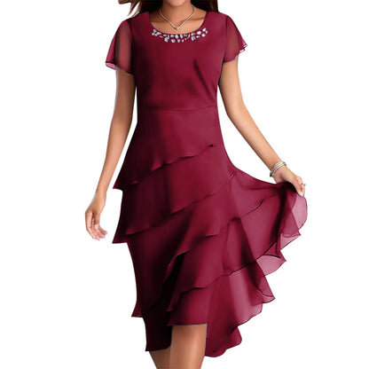 Plus Size Short Sleeve Round Neck Chiffon Paneled Dresses