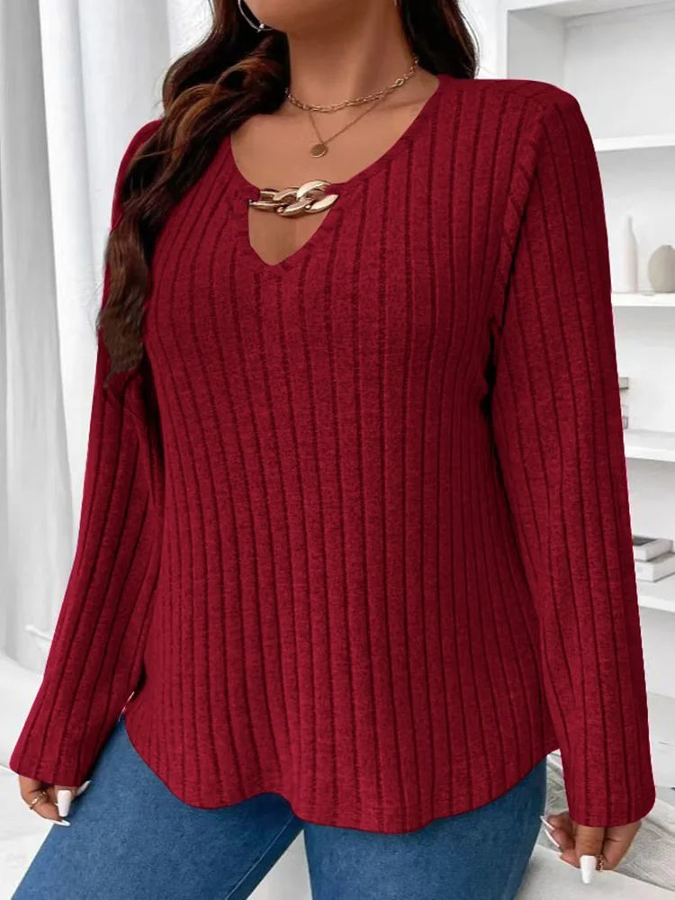 GIBSIE Plus Size Solid V-neck Chain Loose T Shirt Women Spring Autumn Casual Long Sleeved Rib-knit Tees Tops Female Clothes - Trendy Attic Store01