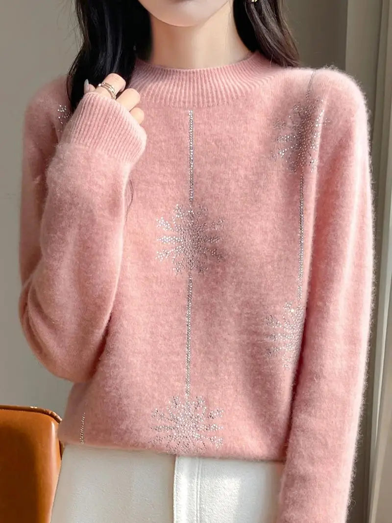 Snowflake Mock Neck Long Sleeve Knitted Looser Pullovers