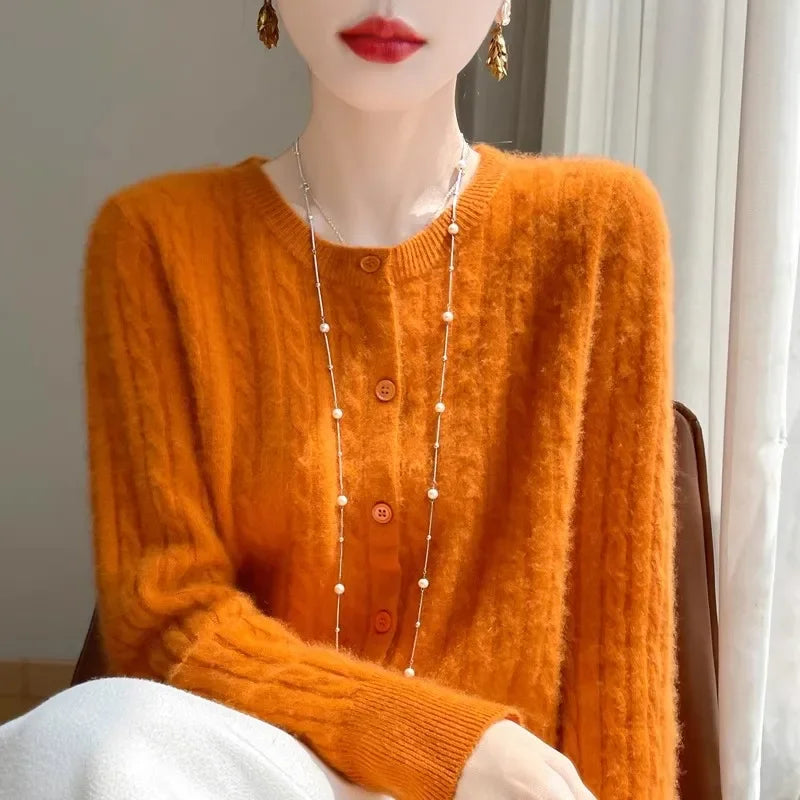 Long Sleeve Knitted O-neck Basic Thick Warm Cardigan