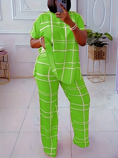 Elements Striped Grid Printed Casual Round Neck  Two Piece Set