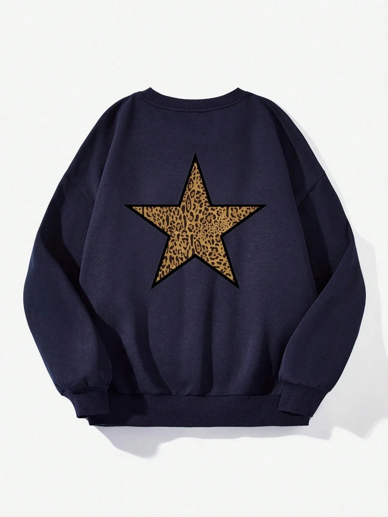 Denim Prints Star Graphic Loose Crewneck Pullover Hoodie
