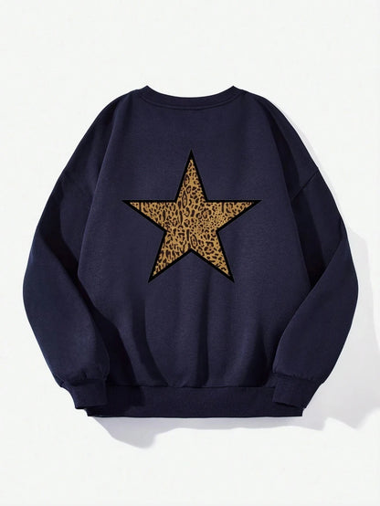 Denim Prints Star Graphic Loose Crewneck Pullover Hoodie