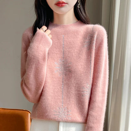 Snowflake Mock Neck Long Sleeve Knitted Looser Pullovers