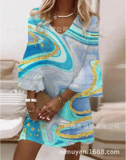 Mini Elegant Flared Loose Waist  With Butterfly Sleeve Dress