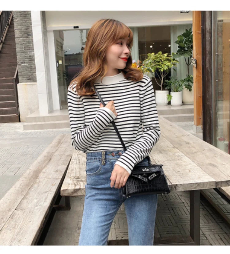 Mock Neck Pullover Long Sleeve Casual Striped Knitted Sweaters