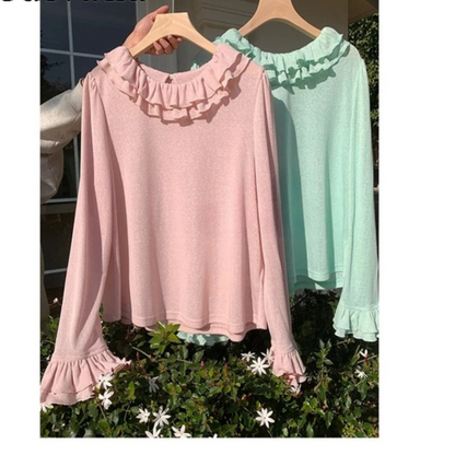 Solid Color Long Sleeve Sweet Double Layer Ruffles Crew Neck Knitted Sweater