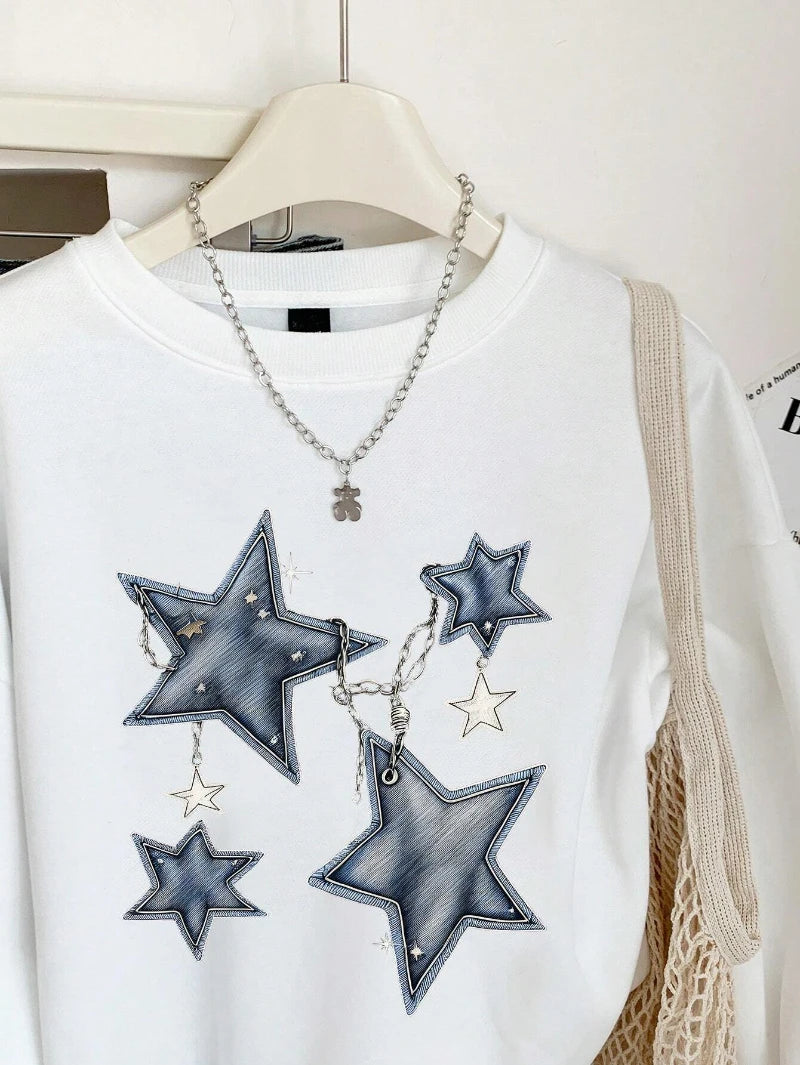 Denim Prints Star Graphic Loose Crewneck Pullover Hoodie