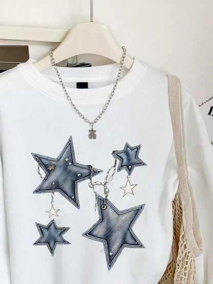 Denim Prints Star Graphic Loose Crewneck Pullover Hoodie