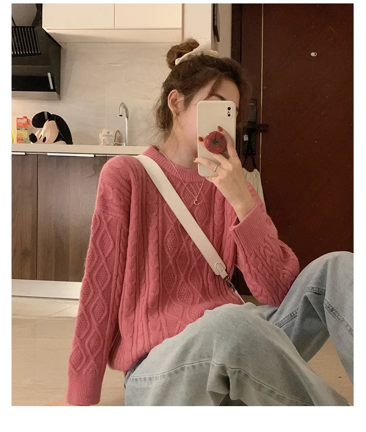 Plus Size Elegant Style Knit  Loose Fit Slimming Long Sleeve Sweater
