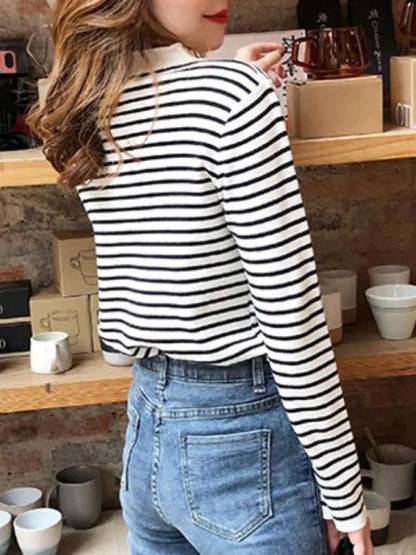 Mock Neck Pullover Long Sleeve Casual Striped Knitted Sweaters