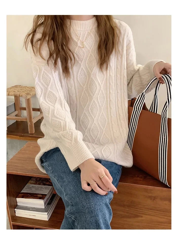 Plus Size Elegant Style Knit  Loose Fit Slimming Long Sleeve Sweater