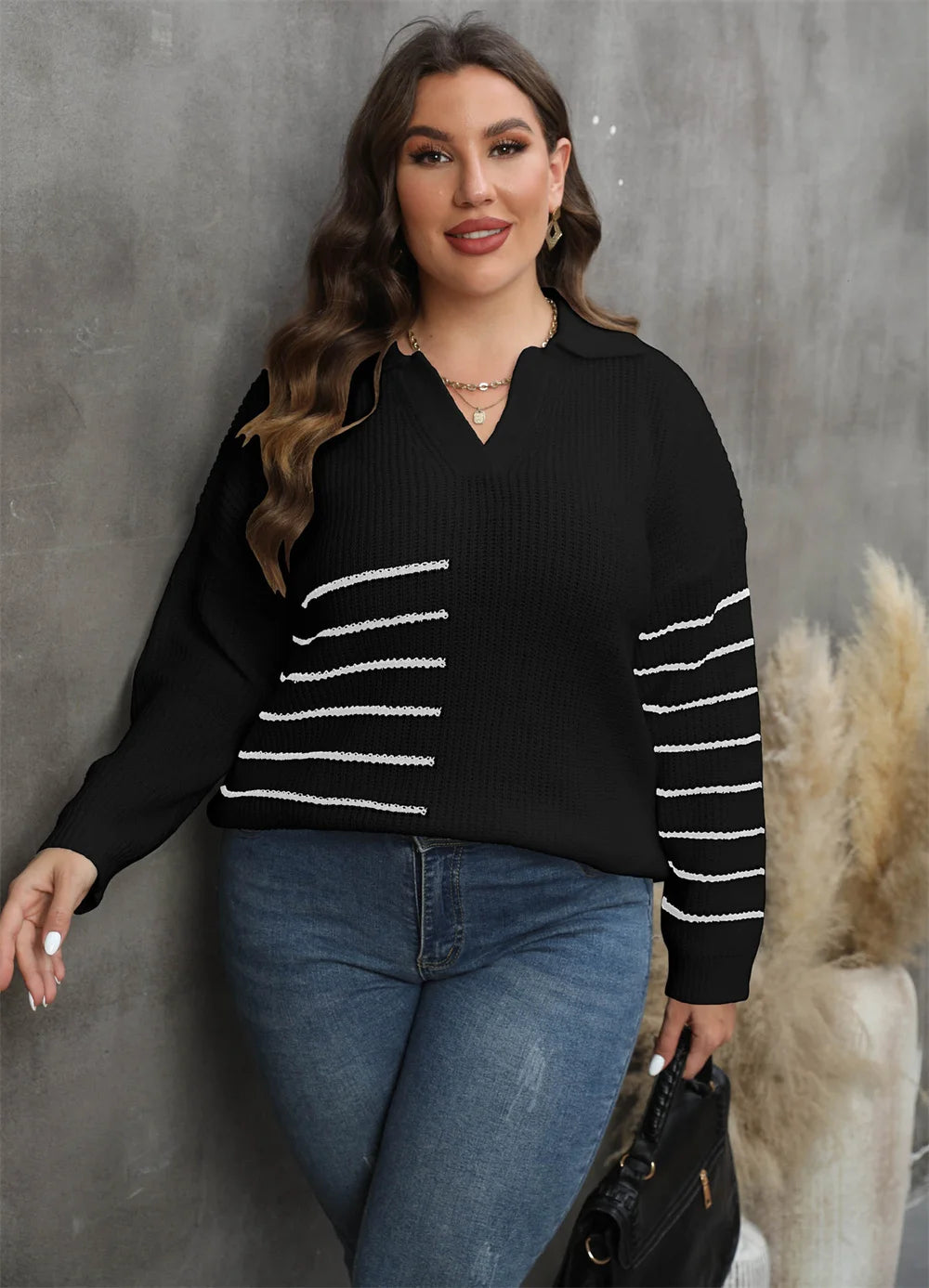 Plus Size Drop Shoulder Striped Knitted Pullover Sweater
