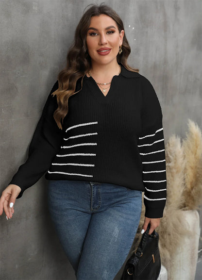 Plus Size Drop Shoulder Striped Knitted Pullover Sweater