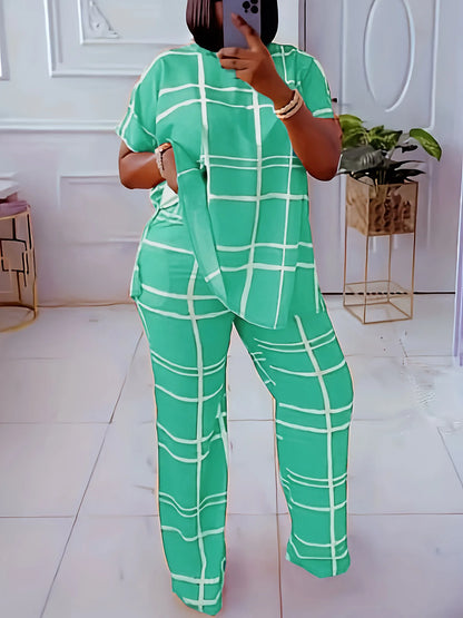 Elements Striped Grid Printed Casual Round Neck  Two Piece Set