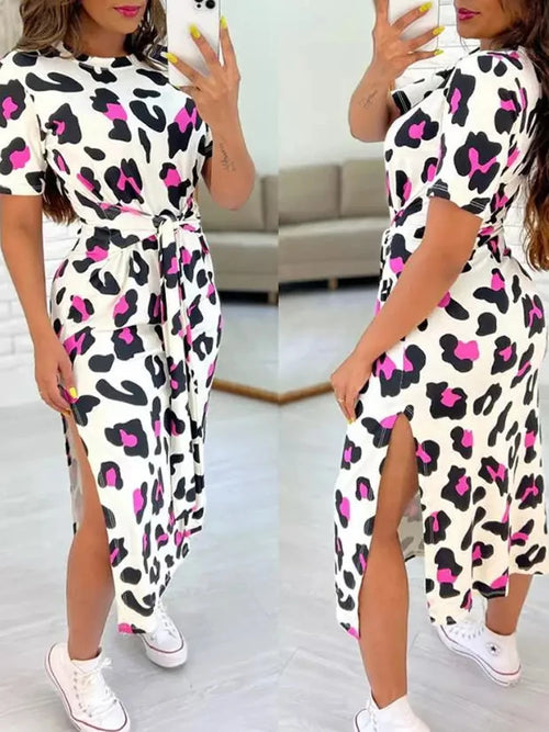 White Leopard Print Dress Tied Detail Slit Side Split Dress