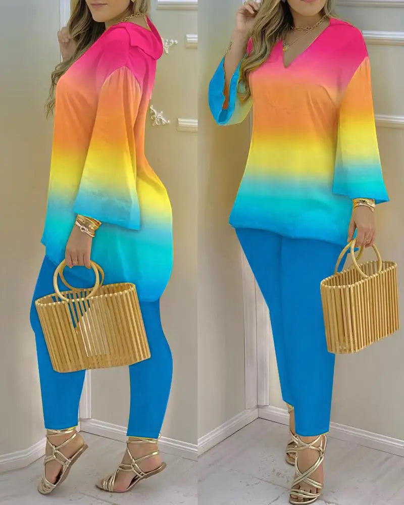 Long Sleeve V-neck Polyester Printing Two Pieces Sets