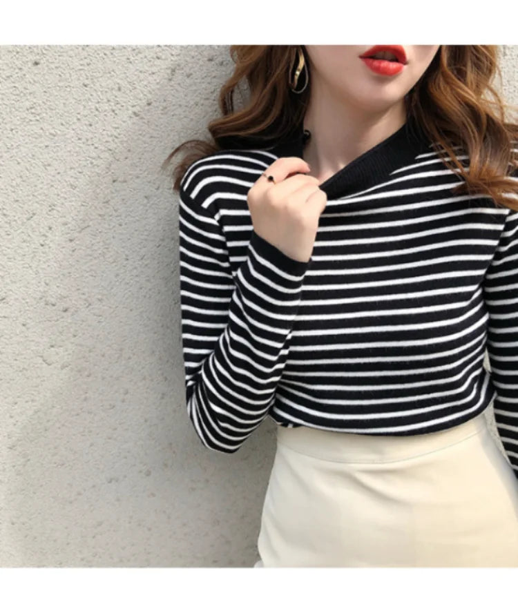 Mock Neck Pullover Long Sleeve Casual Striped Knitted Sweaters