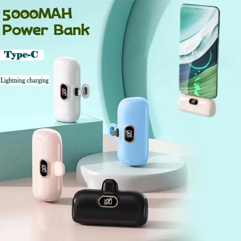 Mini Power Bank 2000/5000mAh Built Cable Portable Mobile Charger Fast Charger