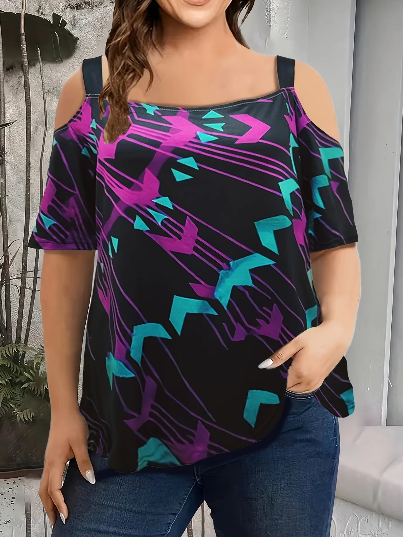 New Strap Off-The-Shoulder  Print Plus Size Women's Short Sleeve