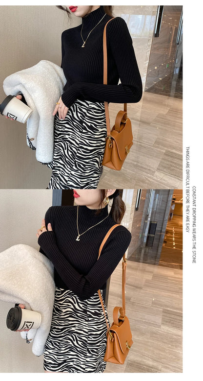 Pullover Long Sleeve Mock Neck Knitted Women Sweater
