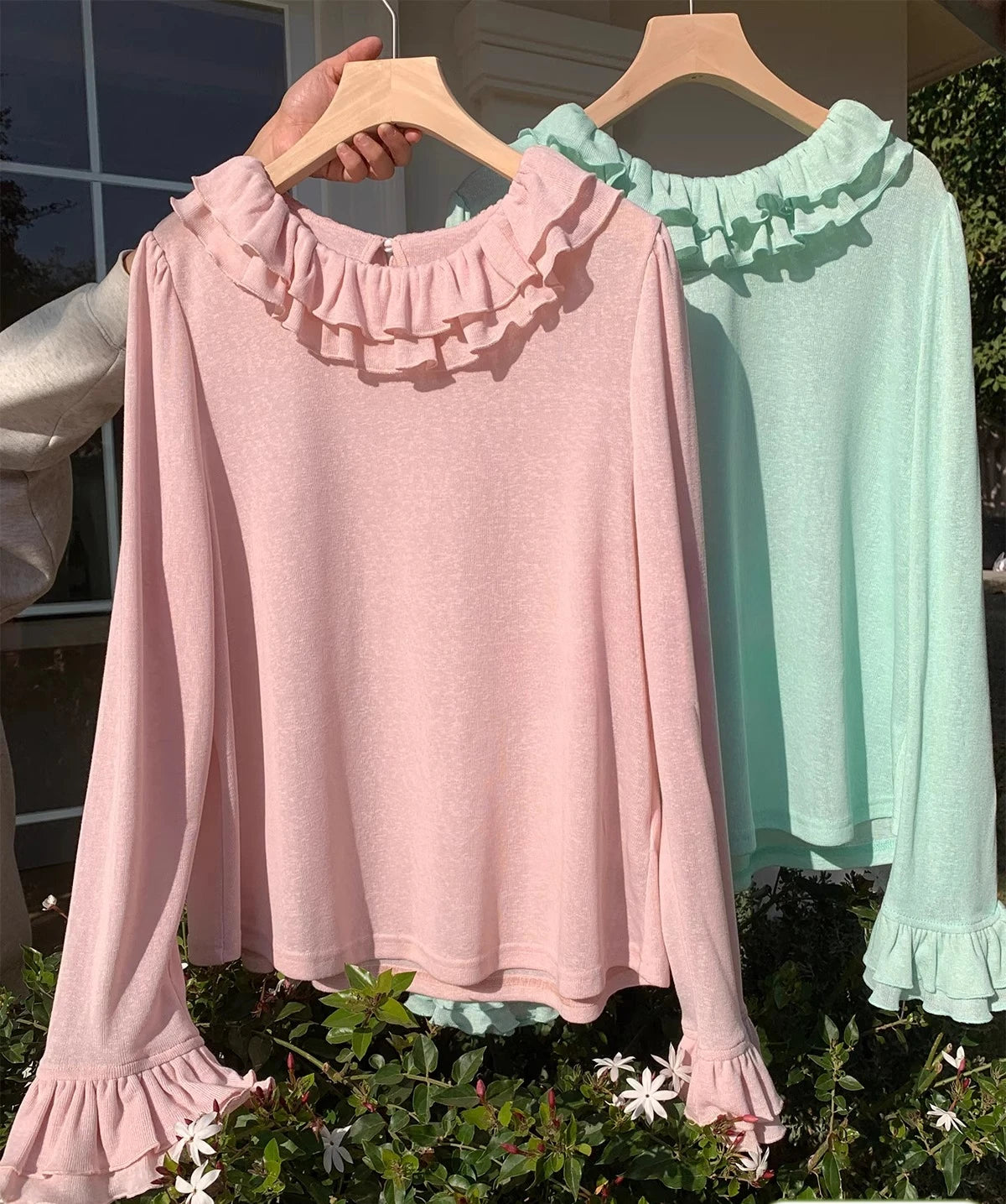 Solid Color Long Sleeve Sweet Double Layer Ruffles Crew Neck Knitted Sweater